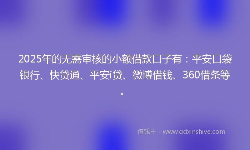 2025年的无需审核的小额借款口子有：平安口袋银行、快贷通、平安i贷、微博借钱、360借条等。