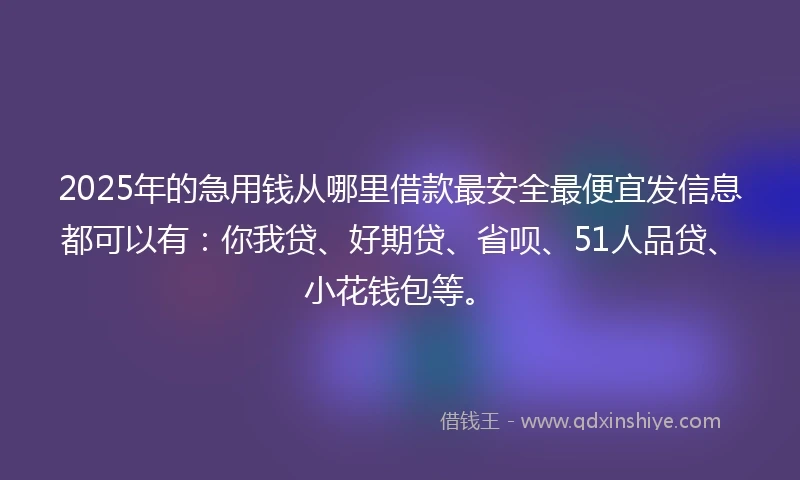 2025年的急用钱从哪里借款最安全最便宜发信息都可以有：你我贷、好期贷、省呗、51人品贷、小花钱包等。