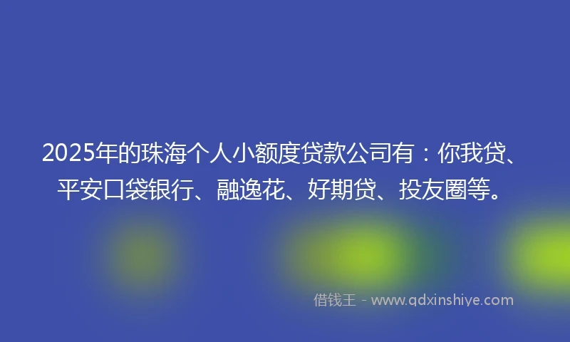 2025年的珠海个人小额度贷款公司有：你我贷、平安口袋银行、融逸花、好期贷、投友圈等。