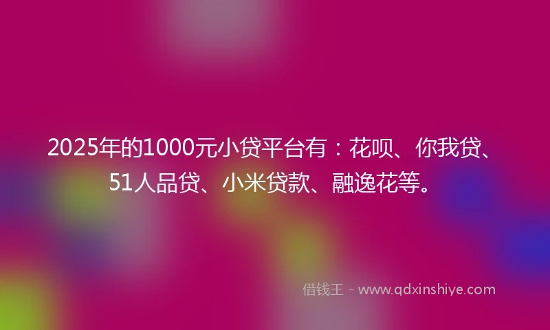 2025年的1000元小贷平台有：花呗、你我贷、51人品贷、小米贷款、融逸花等。