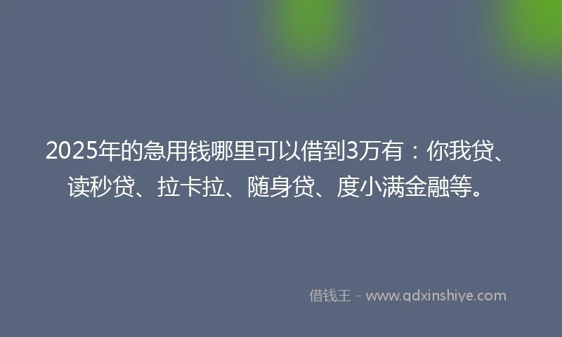 2025年的急用钱哪里可以借到3万有：你我贷、读秒贷、拉卡拉、随身贷、度小满金融等。