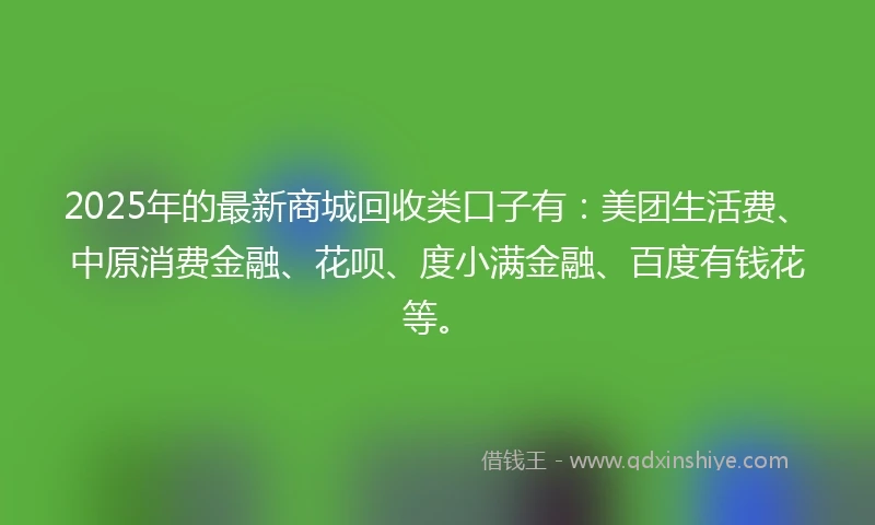 2025年的最新商城回收类口子有：美团生活费、中原消费金融、花呗、度小满金融、百度有钱花等。