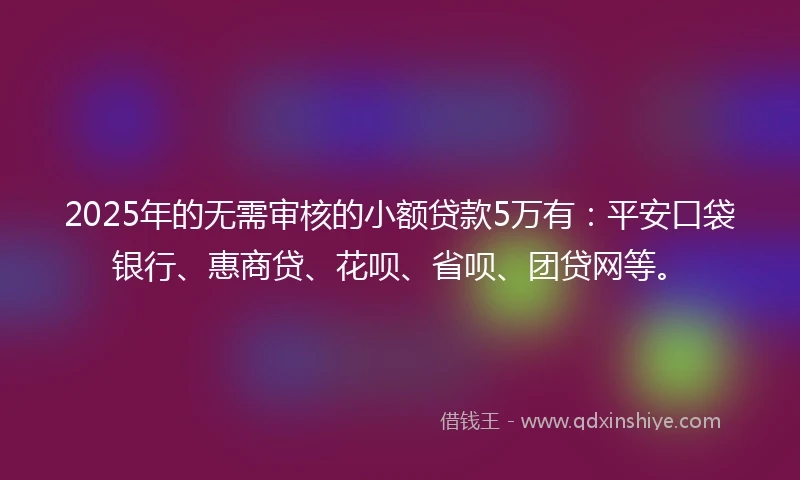 2025年的无需审核的小额贷款5万有：平安口袋银行、惠商贷、花呗、省呗、团贷网等。