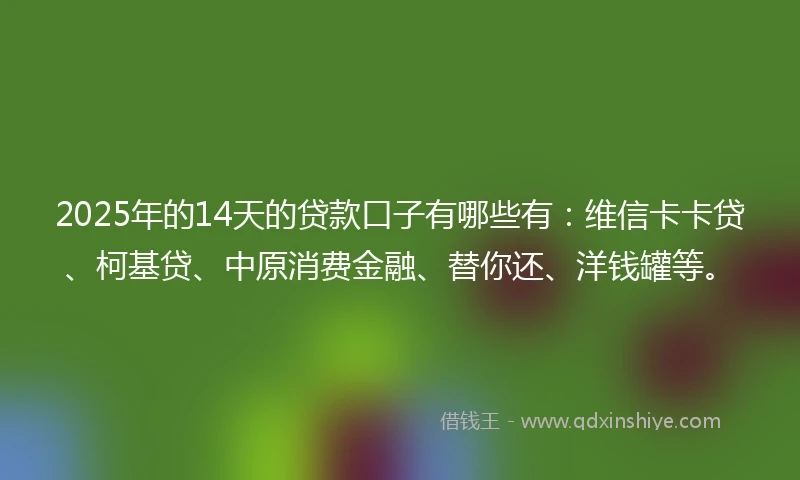 2025年的14天的贷款口子有哪些有：维信卡卡贷、柯基贷、中原消费金融、替你还、洋钱罐等。