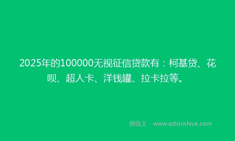 2025年的100000无视征信贷款有：柯基贷、花呗、超人卡、洋钱罐、拉卡拉等。