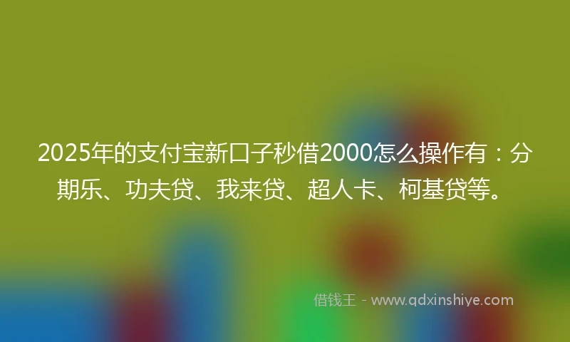 2025年的支付宝新口子秒借2000怎么操作有：分期乐、功夫贷、我来贷、超人卡、柯基贷等。