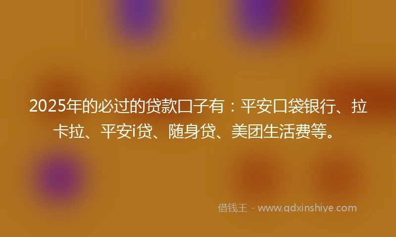 2025年的必过的贷款囗子有：平安口袋银行、拉卡拉、平安i贷、随身贷、美团生活费等。