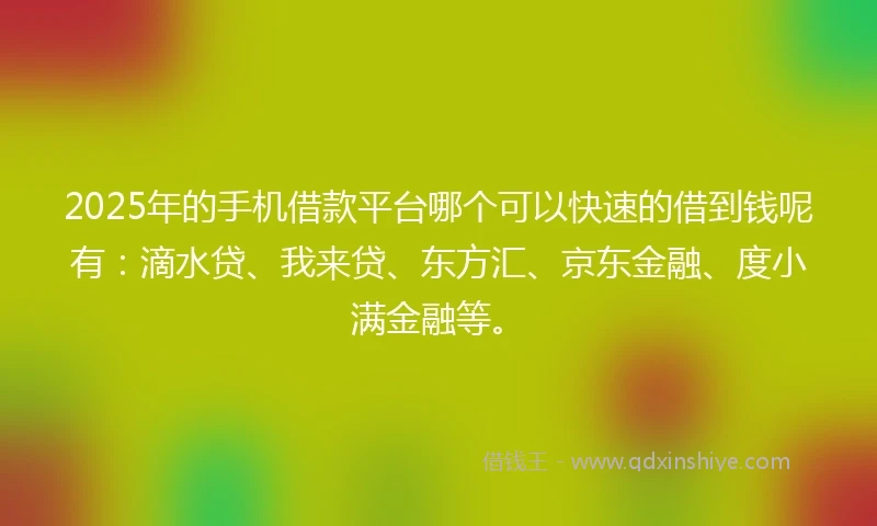 2025年的手机借款平台哪个可以快速的借到钱呢有：滴水贷、我来贷、东方汇、京东金融、度小满金融等。