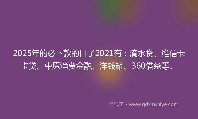 2025年的必下款的口子2021有：滴水贷、维信卡卡贷、中原消费金融、洋钱罐、360借条等。