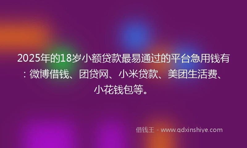 2025年的18岁小额贷款最易通过的平台急用钱有：微博借钱、团贷网、小米贷款、美团生活费、小花钱包等。