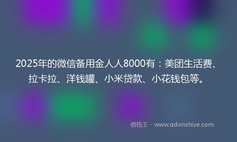 2025年的微信备用金人人8000有：美团生活费、拉卡拉、洋钱罐、小米贷款、小花钱包等。