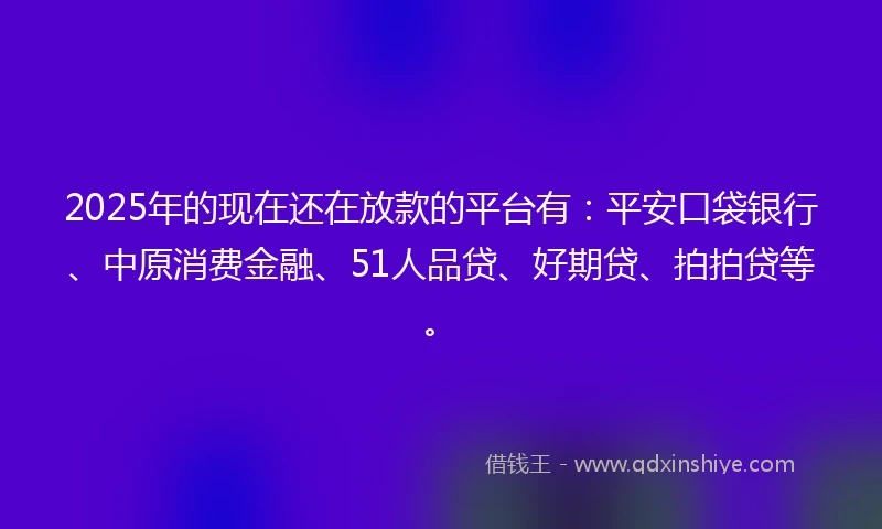 2025年的现在还在放款的平台有：平安口袋银行、中原消费金融、51人品贷、好期贷、拍拍贷等。