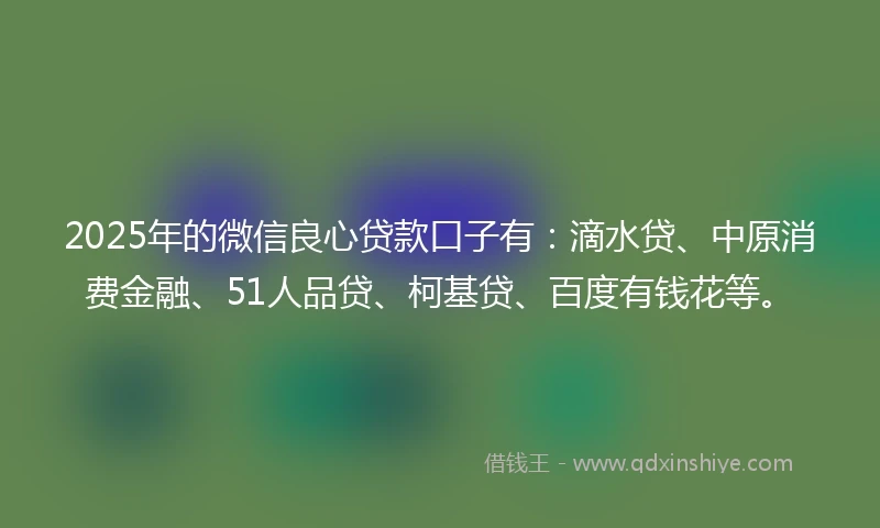 2025年的微信良心贷款口子有：滴水贷、中原消费金融、51人品贷、柯基贷、百度有钱花等。
