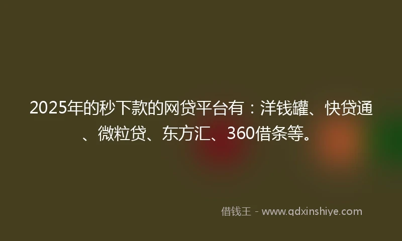 2025年的秒下款的网贷平台有:洋钱罐、快贷通、微粒贷、东方汇、360借条等。