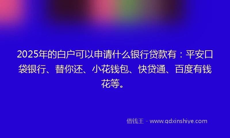 2025年的白户可以申请什么银行贷款有：平安口袋银行、替你还、小花钱包、快贷通、百度有钱花等。
