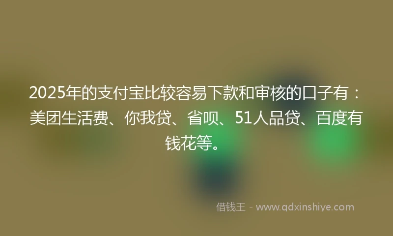 2025年的支付宝比较容易下款和审核的口子有：美团生活费、你我贷、省呗、51人品贷、百度有钱花等。