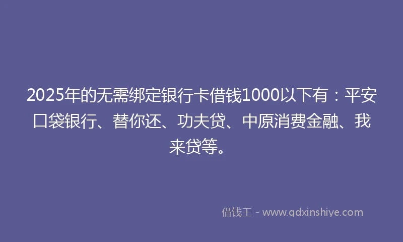 2025年的无需绑定银行卡借钱1000以下有：平安口袋银行、替你还、功夫贷、中原消费金融、我来贷等。