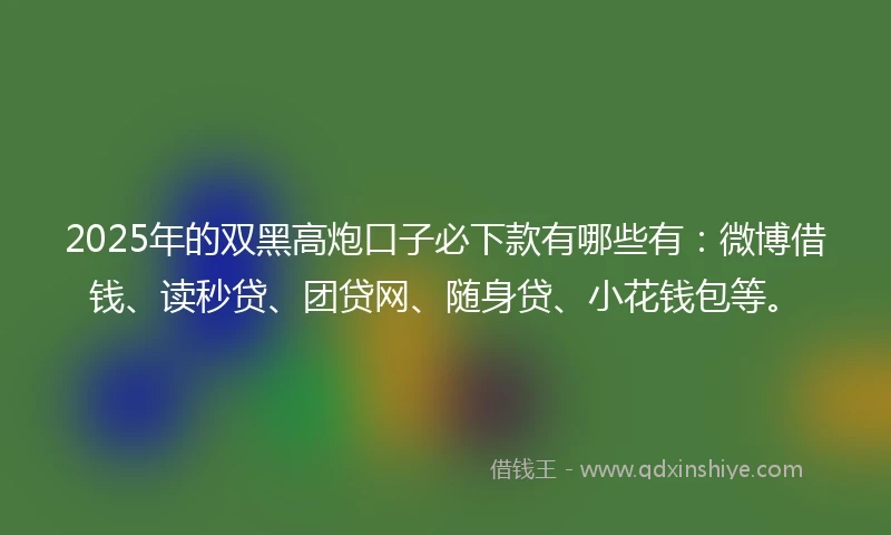 2025年的双黑高炮口子必下款有哪些有：微博借钱、读秒贷、团贷网、随身贷、小花钱包等。