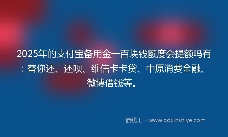 2025年的支付宝备用金一百块钱额度会提额吗有：替你还、还呗、维信卡卡贷、中原消费金融、微博借钱等。