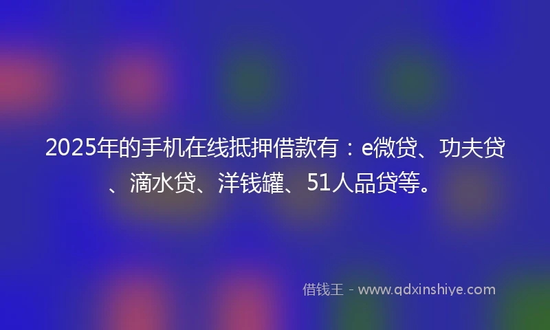 2025年的手机在线抵押借款有：e微贷、功夫贷、滴水贷、洋钱罐、51人品贷等。