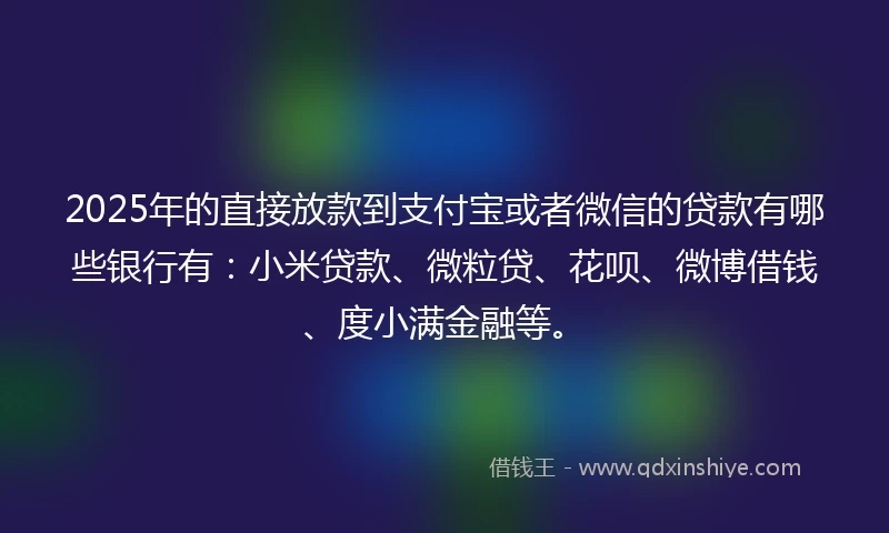 2025年的直接放款到支付宝或者微信的贷款有哪些银行有：小米贷款、微粒贷、花呗、微博借钱、度小满金融等。