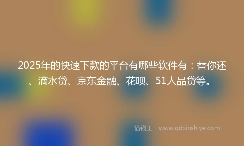 2025年的快速下款的平台有哪些软件有：替你还、滴水贷、京东金融、花呗、51人品贷等。