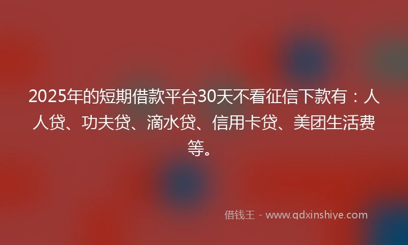 2025年的短期借款平台30天不看征信下款有：人人贷、功夫贷、滴水贷、信用卡贷、美团生活费等。