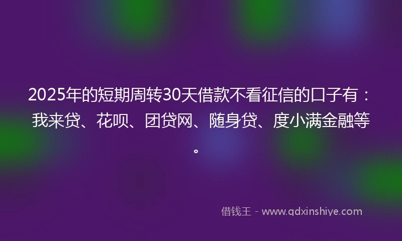 2025年的短期周转30天借款不看征信的口子有：我来贷、花呗、团贷网、随身贷、度小满金融等。