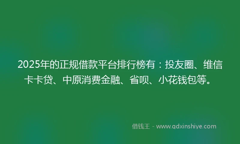 2025年的正规借款平台排行榜有：投友圈、维信卡卡贷、中原消费金融、省呗、小花钱包等。