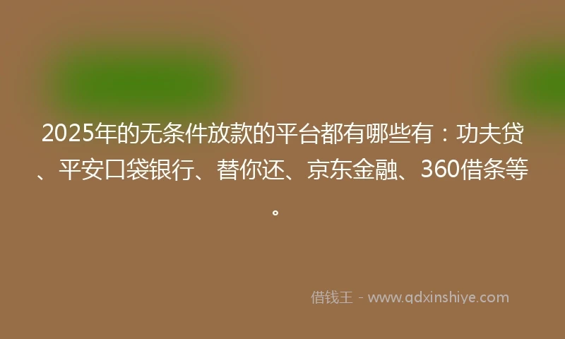 2025年的无条件放款的平台都有哪些有：功夫贷、平安口袋银行、替你还、京东金融、360借条等。