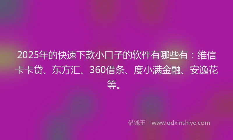 2025年的快速下款小口子的软件有哪些有：维信卡卡贷、东方汇、360借条、度小满金融、安逸花等。