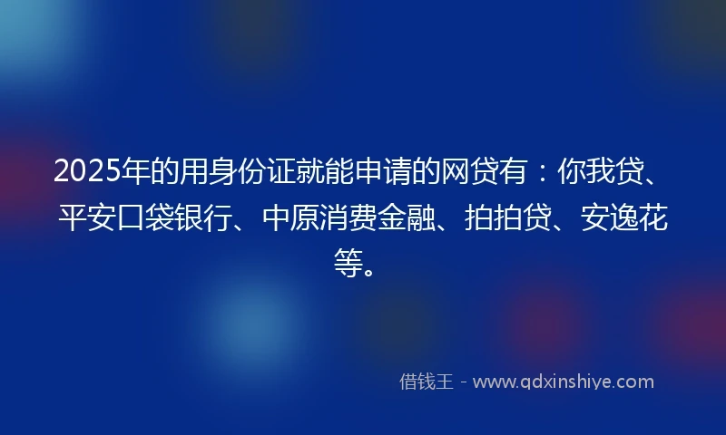 2025年的用身份证就能申请的网贷有：你我贷、平安口袋银行、中原消费金融、拍拍贷、安逸花等。