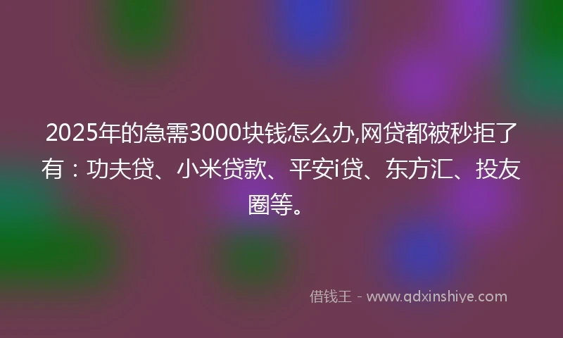 2025年的急需3000块钱怎么办,网贷都被秒拒了有：功夫贷、小米贷款、平安i贷、东方汇、投友圈等。