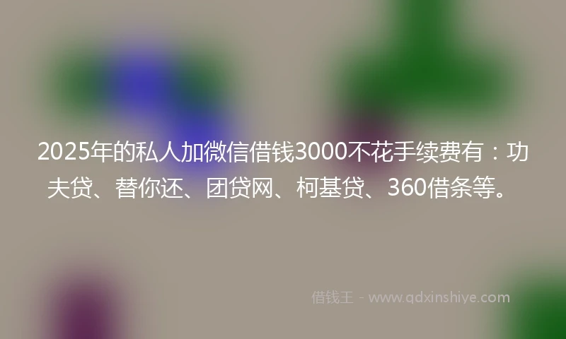 2025年的私人加微信借钱3000不花手续费有：功夫贷、替你还、团贷网、柯基贷、360借条等。