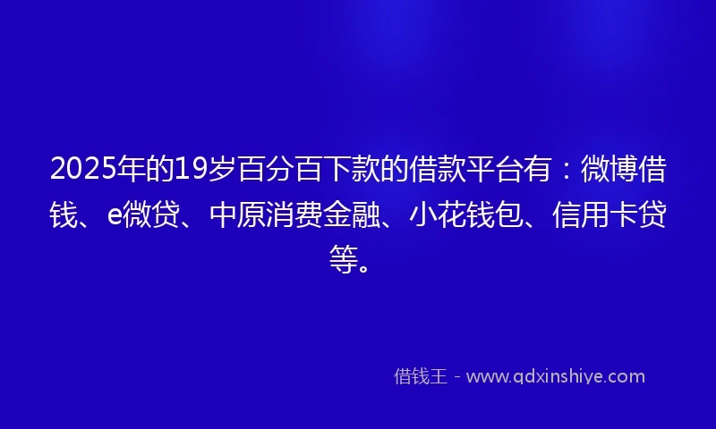 2025年的19岁百分百下款的借款平台有：微博借钱、e微贷、中原消费金融、小花钱包、信用卡贷等。