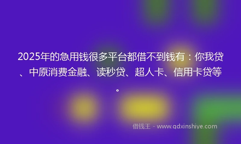 2025年的急用钱很多平台都借不到钱有：你我贷、中原消费金融、读秒贷、超人卡、信用卡贷等。