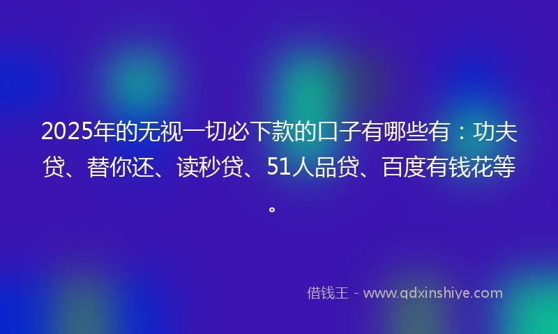 2025年的无视一切必下款的口子有哪些有：功夫贷、替你还、读秒贷、51人品贷、百度有钱花等。