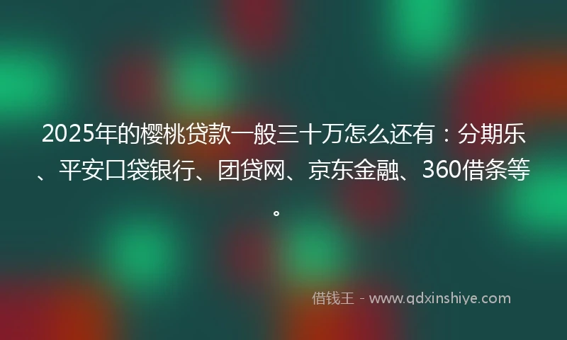 2025年的樱桃贷款一般三十万怎么还有：分期乐、平安口袋银行、团贷网、京东金融、360借条等。