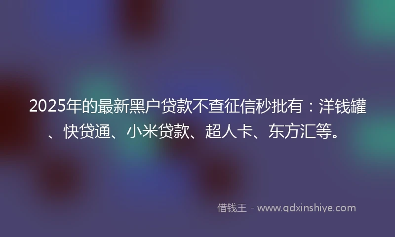 2025年的最新黑户贷款不查征信秒批有：洋钱罐、快贷通、小米贷款、超人卡、东方汇等。