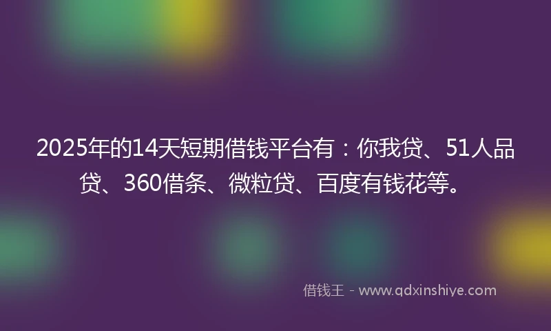 2025年的14天短期借钱平台有：你我贷、51人品贷、360借条、微粒贷、百度有钱花等。