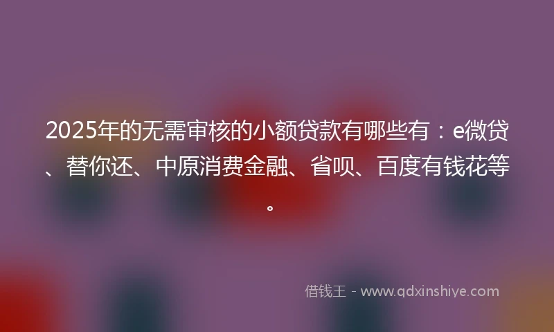 2025年的无需审核的小额贷款有哪些有：e微贷、替你还、中原消费金融、省呗、百度有钱花等。