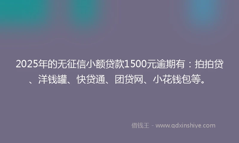 2025年的无征信小额贷款1500元逾期有：拍拍贷、洋钱罐、快贷通、团贷网、小花钱包等。