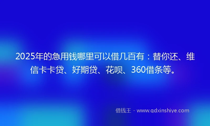 2025年的急用钱哪里可以借几百有：替你还、维信卡卡贷、好期贷、花呗、360借条等。