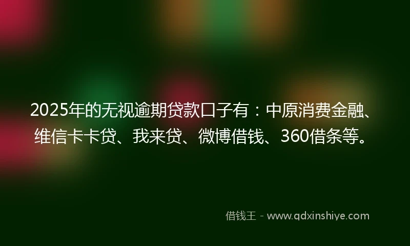 2025年的无视逾期贷款口子有：中原消费金融、维信卡卡贷、我来贷、微博借钱、360借条等。