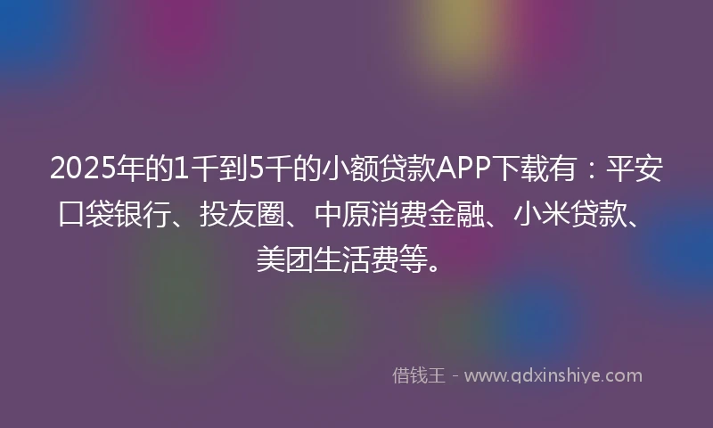 2025年的1千到5千的小额贷款APP下载有：平安口袋银行、投友圈、中原消费金融、小米贷款、美团生活费等。