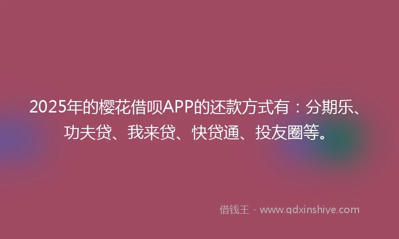 2025年的樱花借呗APP的还款方式有：分期乐、功夫贷、我来贷、快贷通、投友圈等。