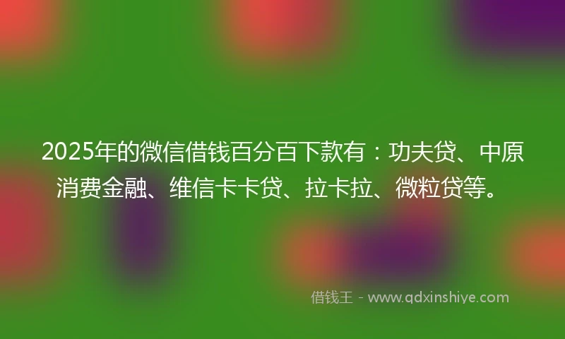 2025年的微信借钱百分百下款有：功夫贷、中原消费金融、维信卡卡贷、拉卡拉、微粒贷等。
