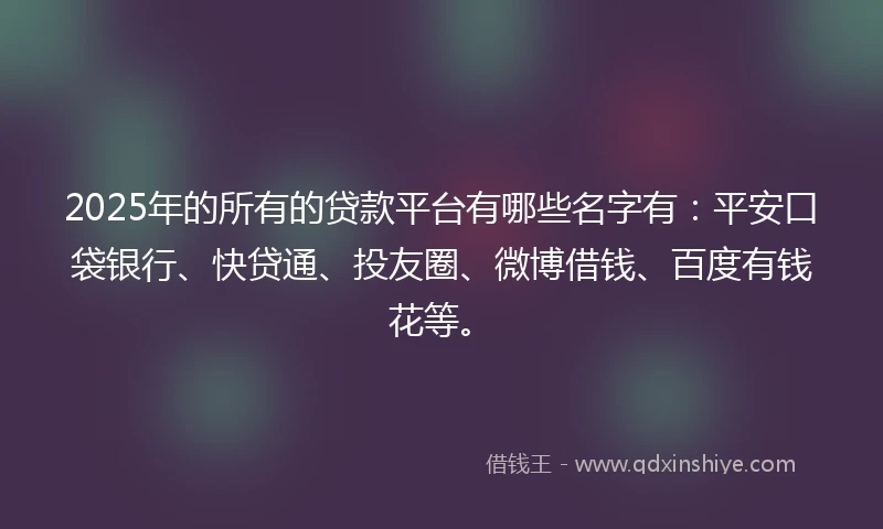2025年的所有的贷款平台有哪些名字有：平安口袋银行、快贷通、投友圈、微博借钱、百度有钱花等。