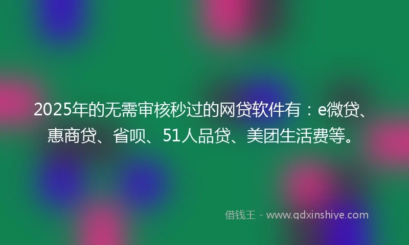 2025年的无需审核秒过的网贷软件有：e微贷、惠商贷、省呗、51人品贷、美团生活费等。