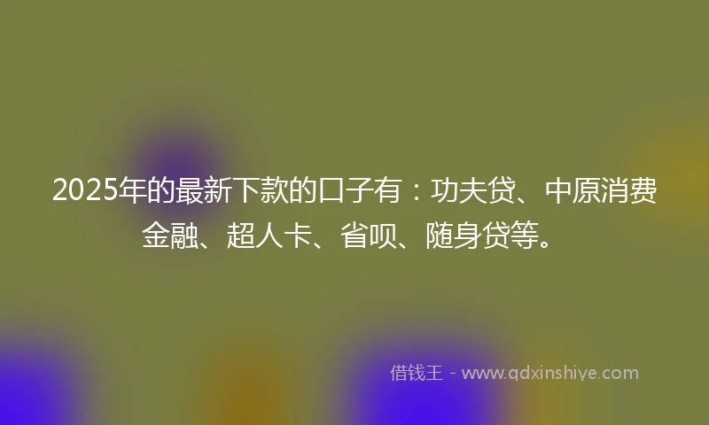 2025年的最新下款的口子有：功夫贷、中原消费金融、超人卡、省呗、随身贷等。